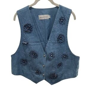 Vintage Howard Wolf Dallas Denim‎ Vest Floral Applique Embellished Sleeveless